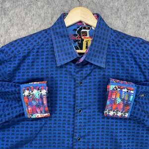 Robert Graham Arcade Space Invaders Flip Cuff Shirt Men's Large Blue Classic Fit